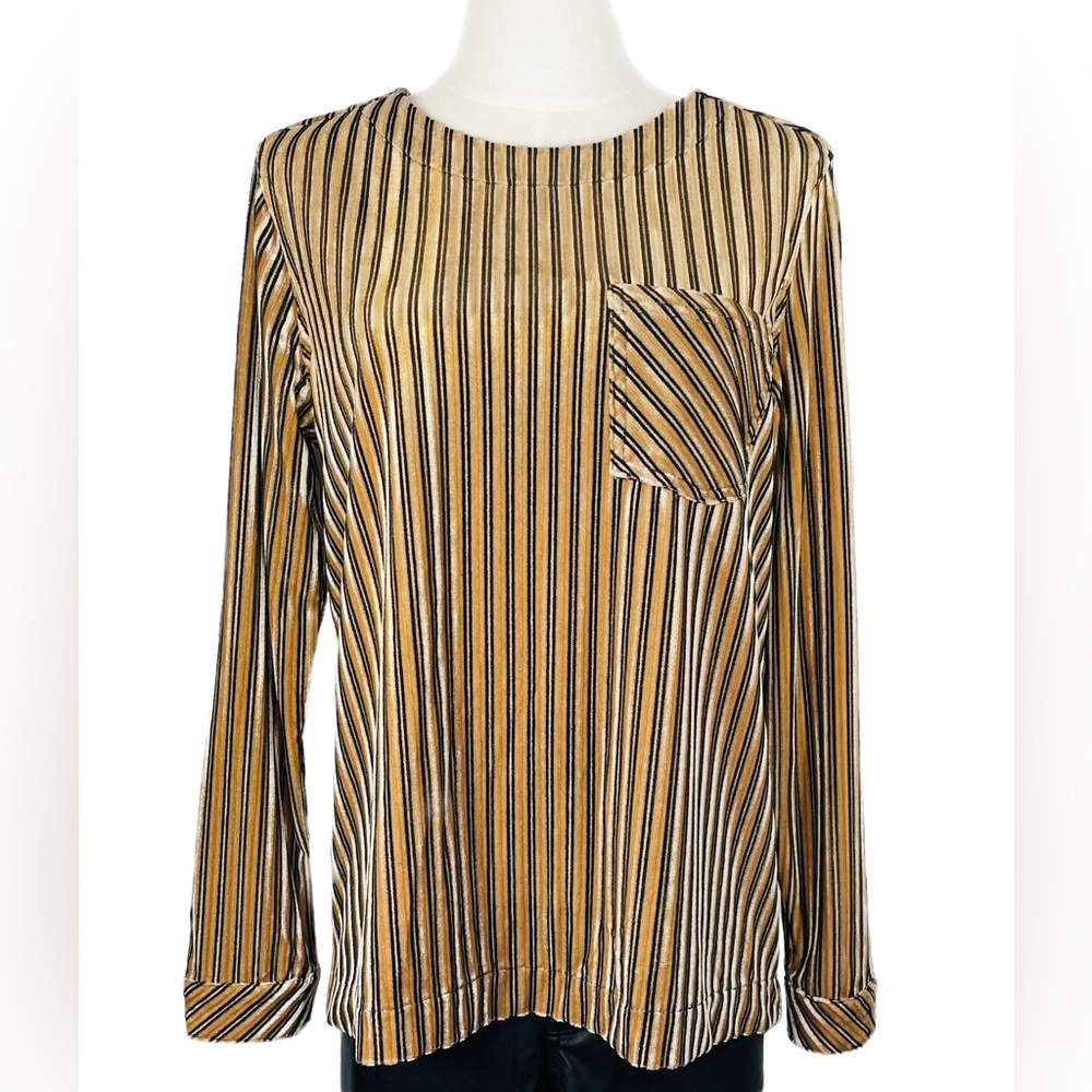 $89 Women's VELVET HEART Gold Black Stripped Long Sleeve Velour Top Blouse Sz XS